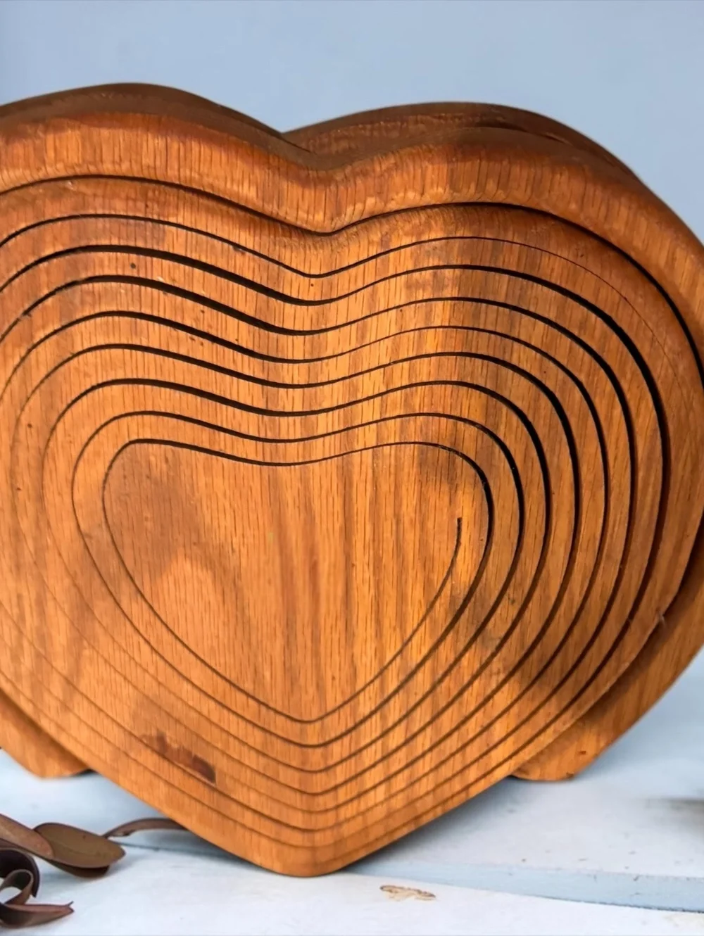 Vintage Heart-Shaped Nested Wood Basket Set with Handle – Mid-Century Decorative